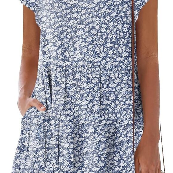 Dresses & Skirts - Women's Summer Casual V-Neck Mini Dress with Pockets Ruffle Short Sleeves